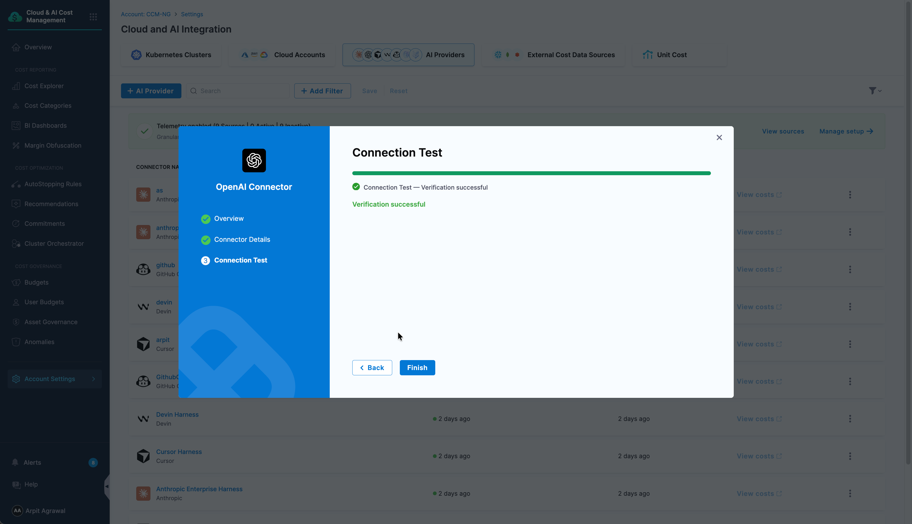 OpenAI connector Connection Test panel