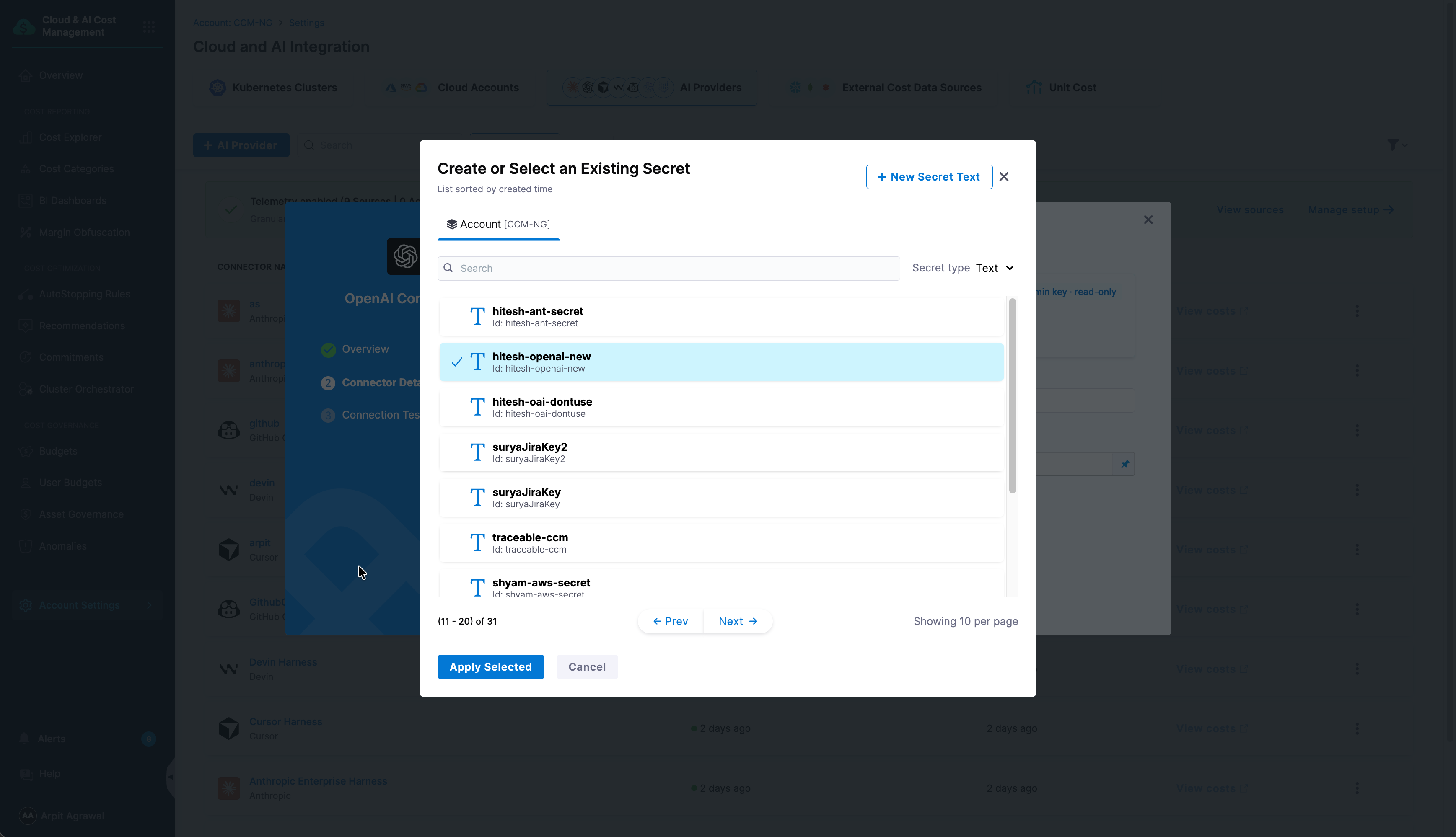 New Secret Text panel for an OpenAI API key