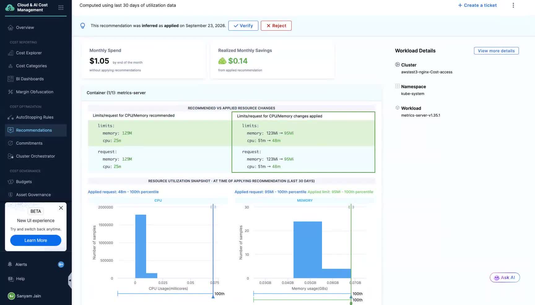 Workload auto-inferred recommendation showing the Recommended vs Applied resource changes comparison and Verify / Reject buttons