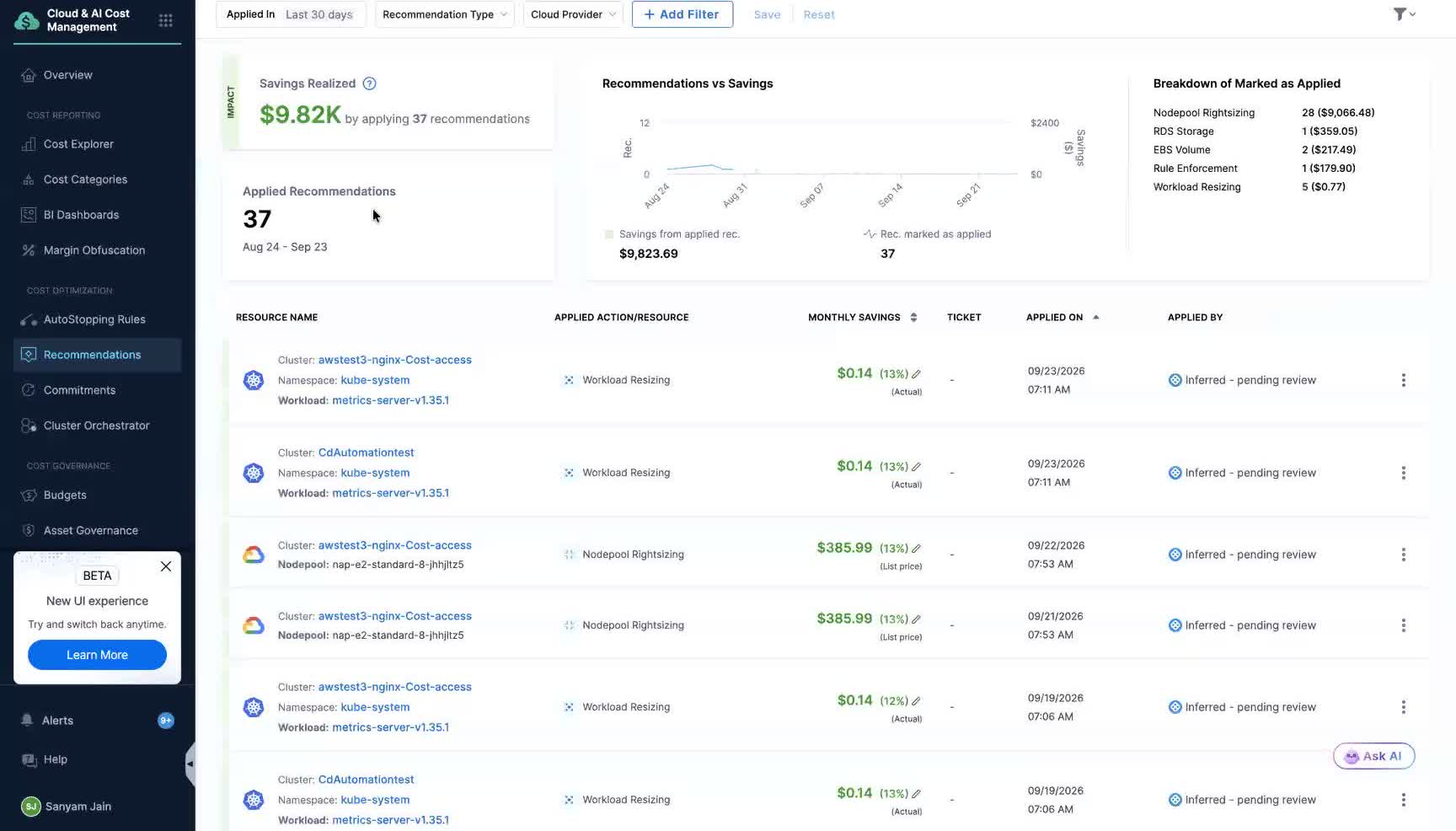Applied Recommendations list showing Inferred - pending review status in the Applied By column for node pool and workload recommendations